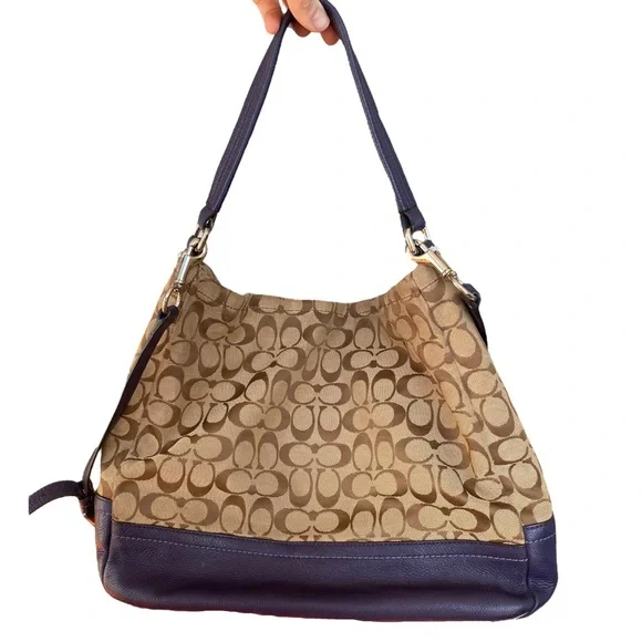 Coach Signature Park Hobo Shoulder Bag Khaki Indigo Convertible Crossbody - Picture 2 of 6